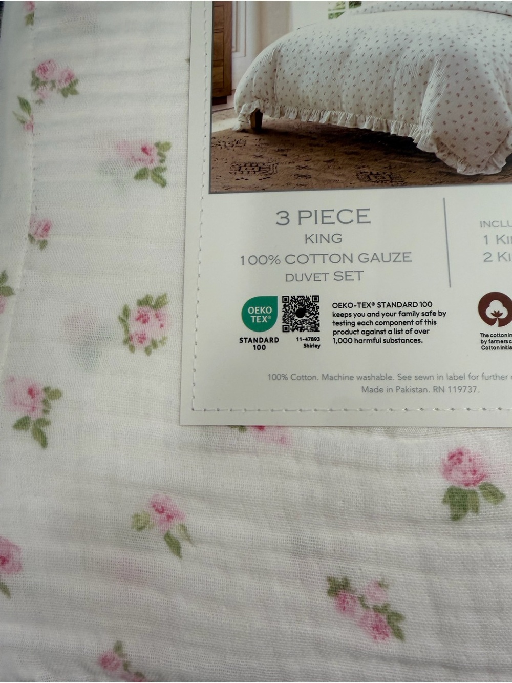 Shabby Chic Pink 3 PC King Gauze Duvet Set Pink Rose with Ruffles ~ Matching Bag - Picture 7 of 16